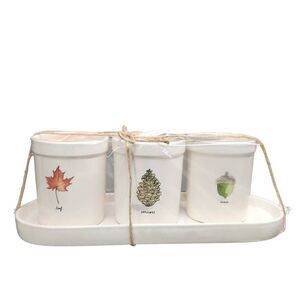 Rae Dunn Set of 3 Fall Utensil Holder Leaf Pinecone Acorn with Platter